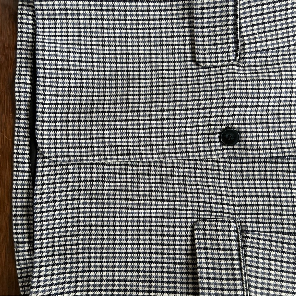 Maje navy, grey blue, and white plaid blazer jacket.